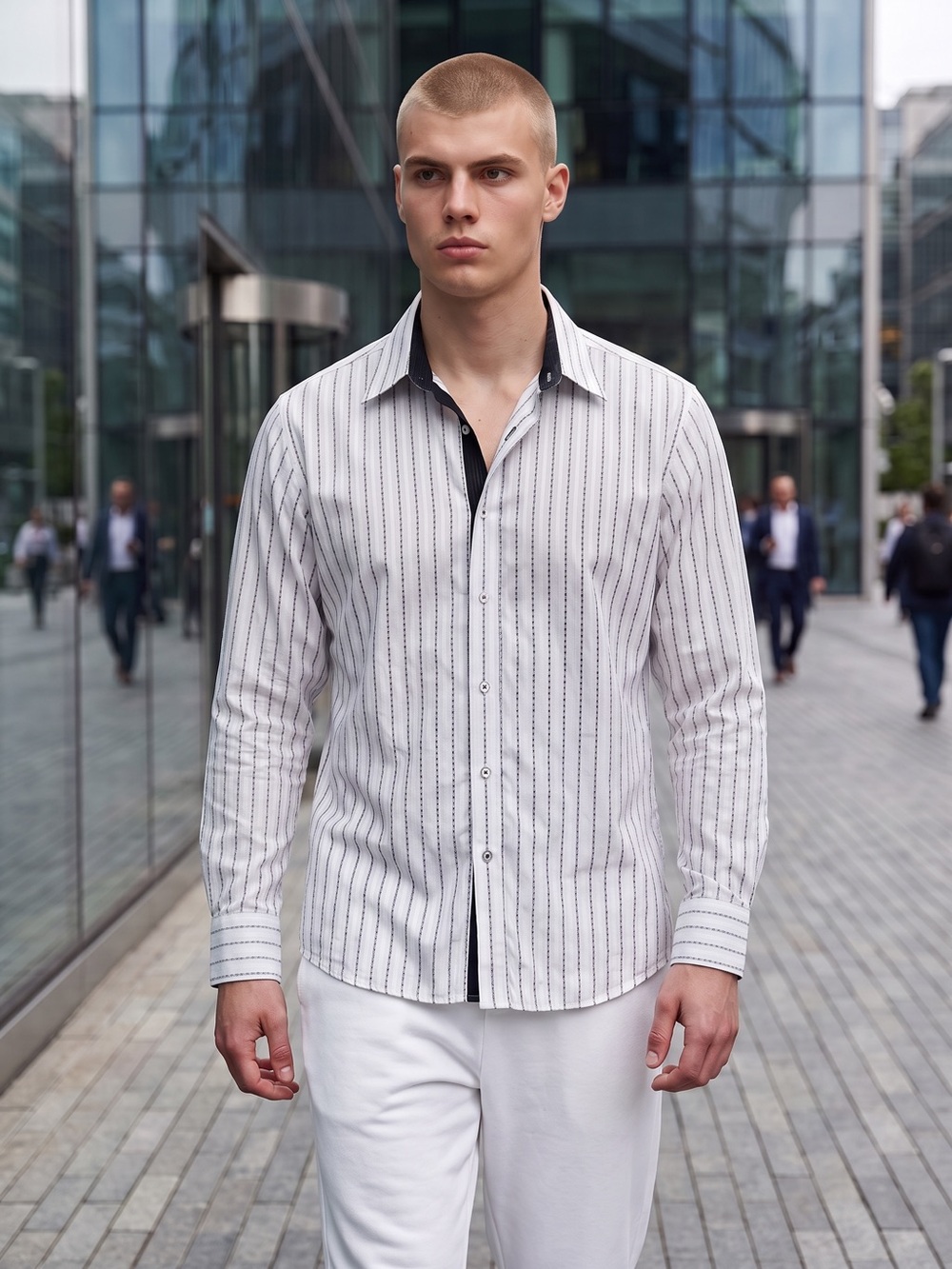 Zagiri Cotton White Stripe Cotton Shirt with Black Contrast Trim Size L